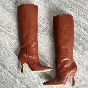 Stuart Weitzman Vinnie 85mm Patent Leather Knee-High Boots 7.5 | Cognac Brown